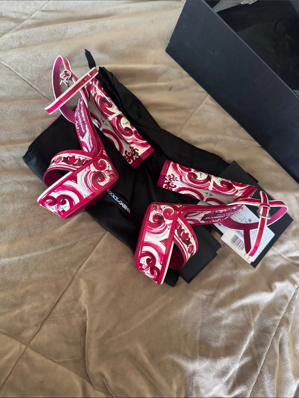 Authentic Dolce & Gabbana Pink Printed Ankle-Strap platform Heels 36.5